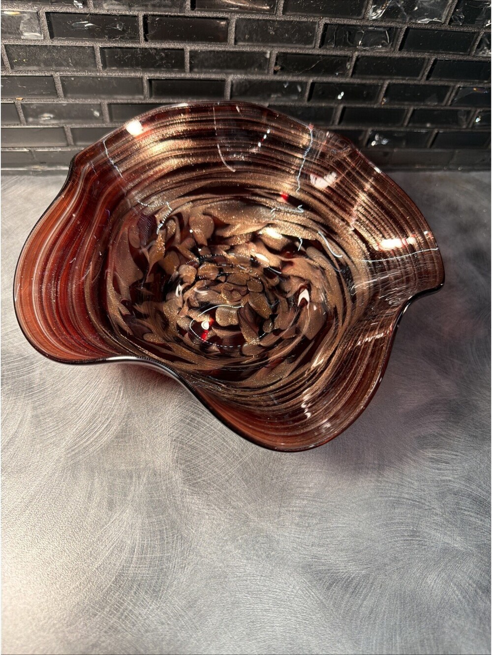 Signed R. MBG Studio Art Glass Bowl Maroon Brown Copper Swirl Ruffled Rim ~7”